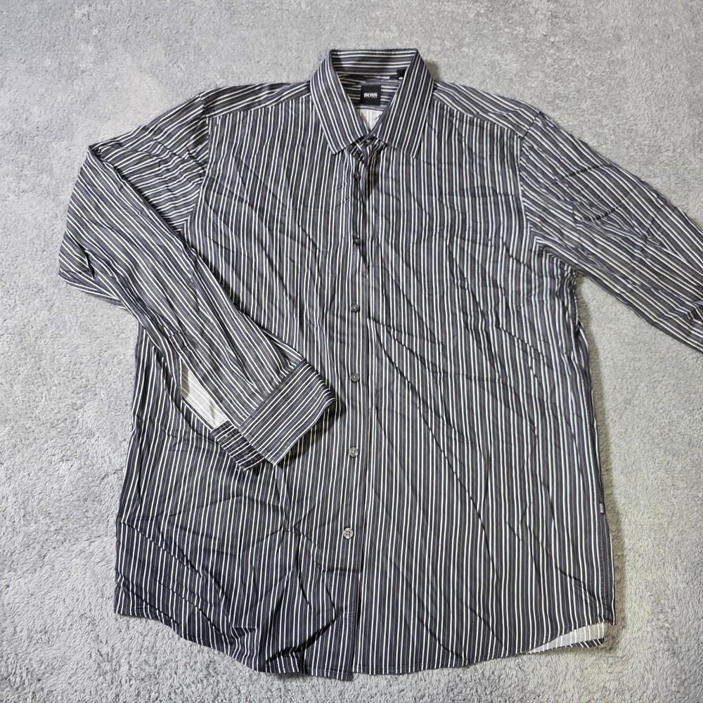 Hugo Boss Mens XL Button Down Shirt Black Grey White Striped Long Sleeve Luxury